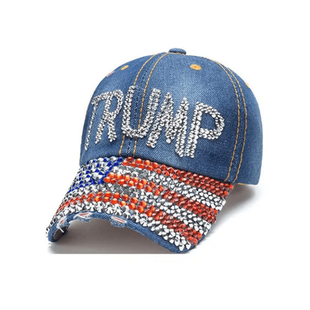 Trump American Flag Rhinestone Embroidered Hats (Denim w/Flag Bill) - PatriotDepot.com