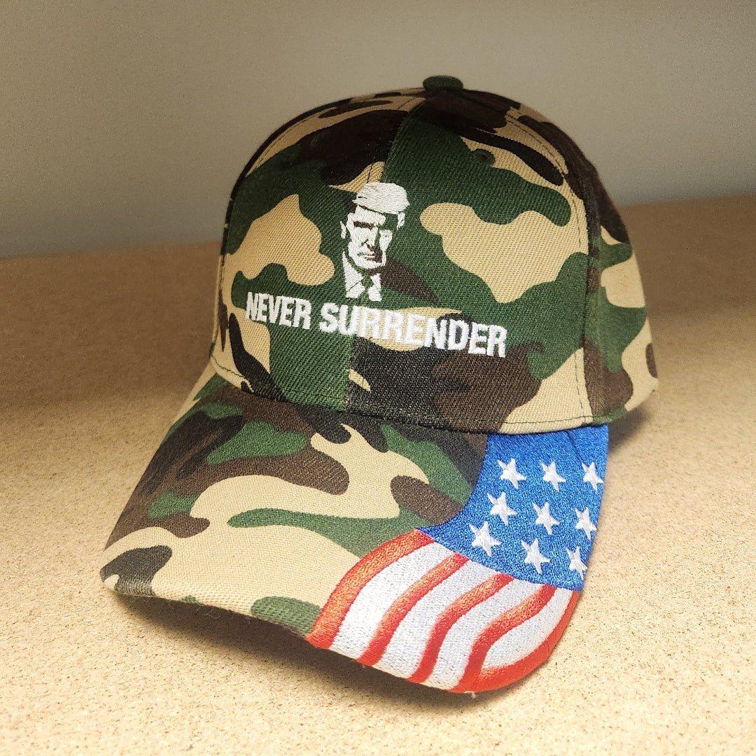 Trump Mugshot Never Surrender Embroidered Hat w/Flag Bill (Camo) - PatriotDepot.com