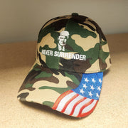 Trump Mugshot Never Surrender Embroidered Hat w/Flag Bill (Camo) - PatriotDepot.com
