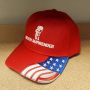Trump Mugshot Never Surrender Embroidered Hat w/Flag Bill (Red) - PatriotDepot.com