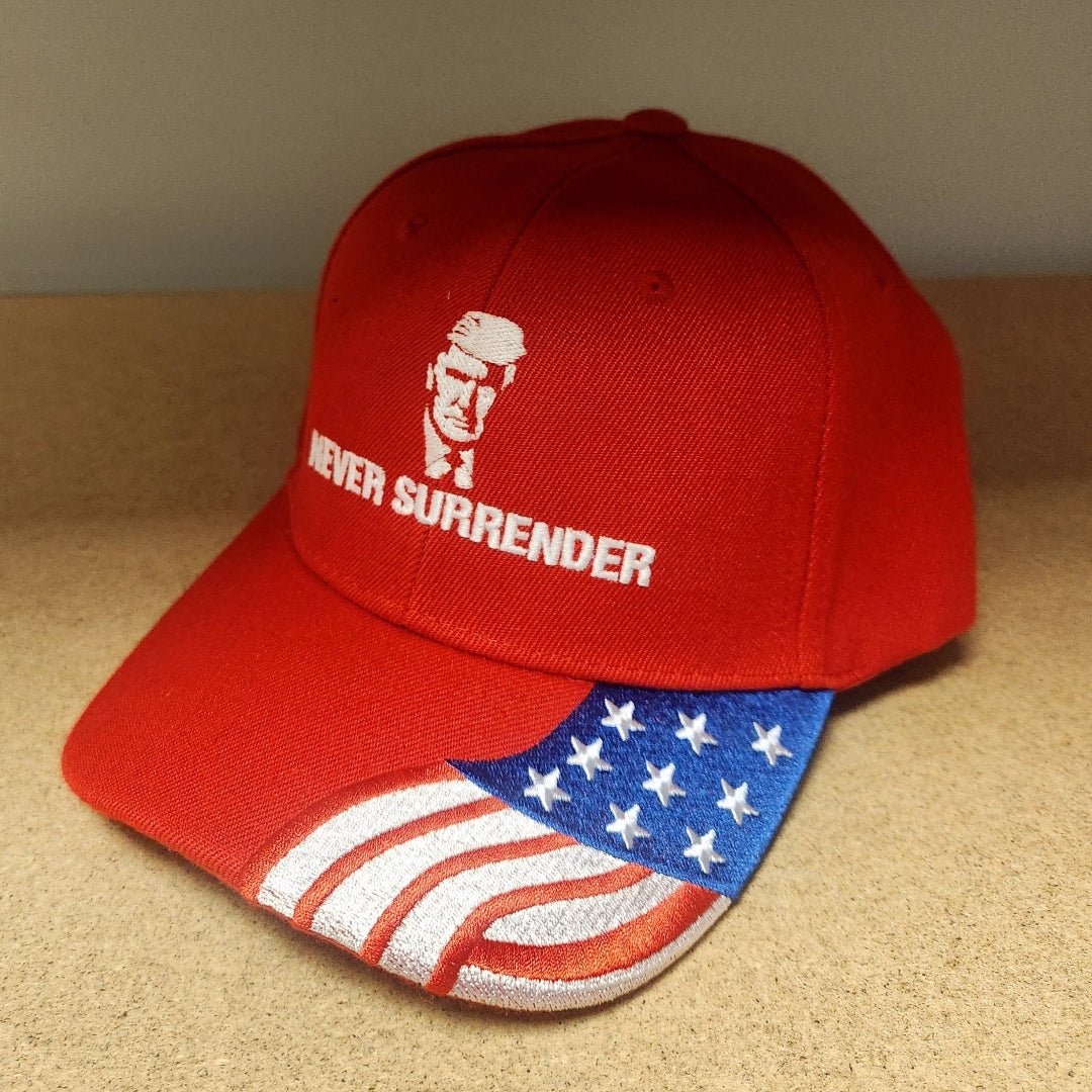 Trump Mugshot Never Surrender Embroidered Hat w/Flag Bill (Red) - PatriotDepot.com