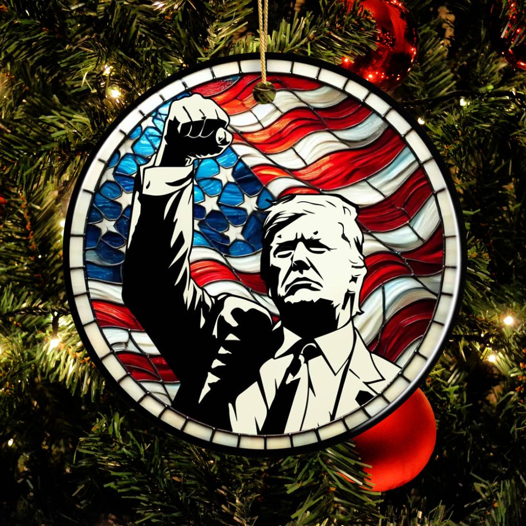 Trump USA "Fight" Stained Glass Design Ornament (In velvet pouch) - PatriotDepot.com