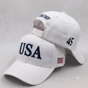 Trump USA White & Navy Embroidered Hat | Premium 4-Sided Embroidery - PatriotDepot.com