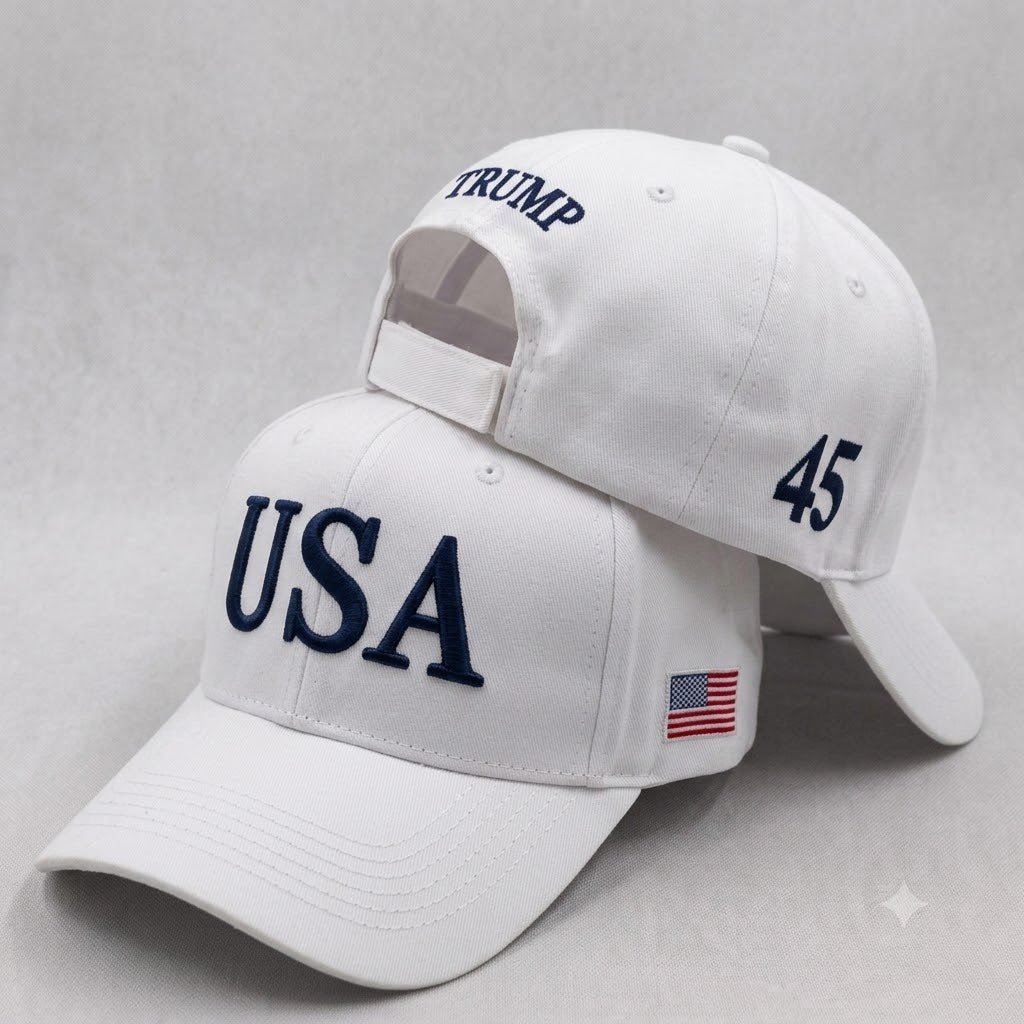 Trump USA White & Navy Embroidered Hat | Premium 4-Sided Embroidery - PatriotDepot.com