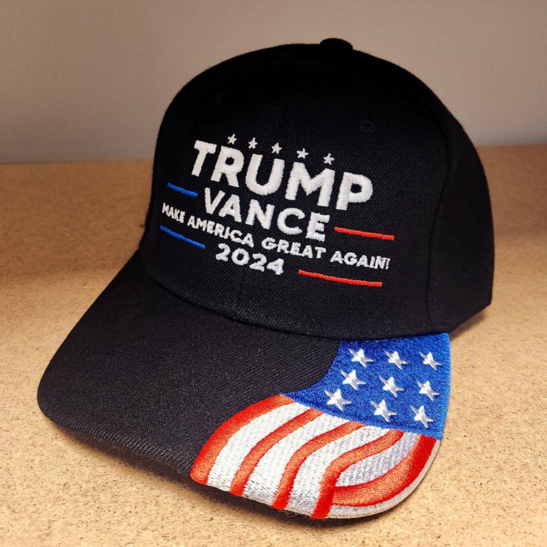 Trump Vance 2024 Make America Great Again Embroidered Hat w/Flag Bill (Black) - PatriotDepot.com