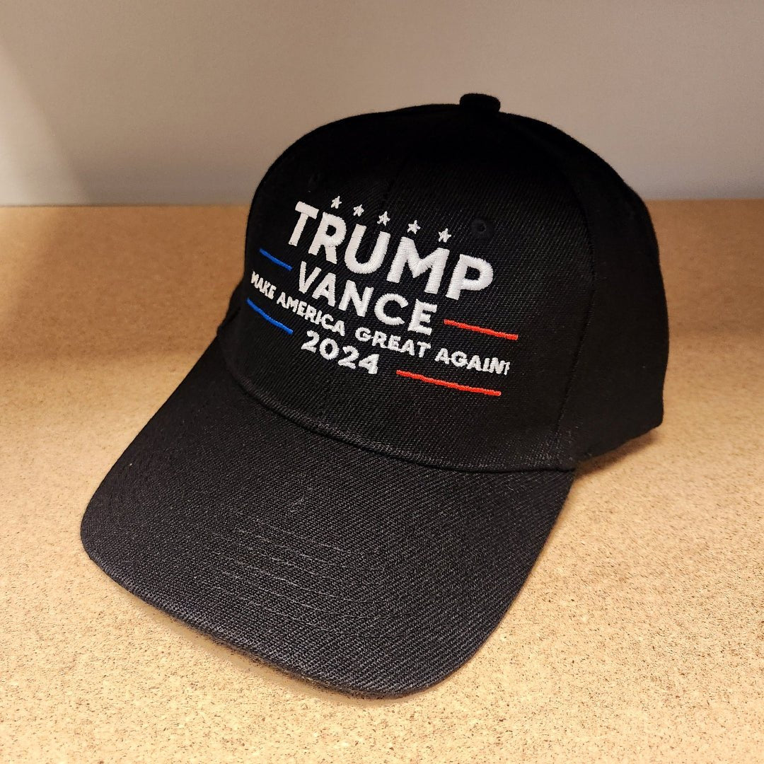 Trump Vance 2024 Make America Great Again Embroidered Hat w/Flag Bill (Black) - PatriotDepot.com