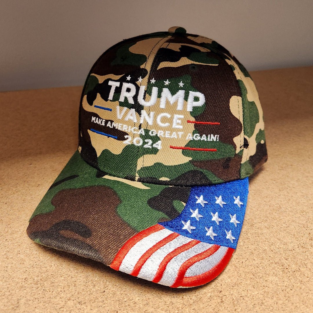 Trump Vance 2024 Make America Great Again Embroidered Hat w/Flag Bill (Camo) - PatriotDepot.com