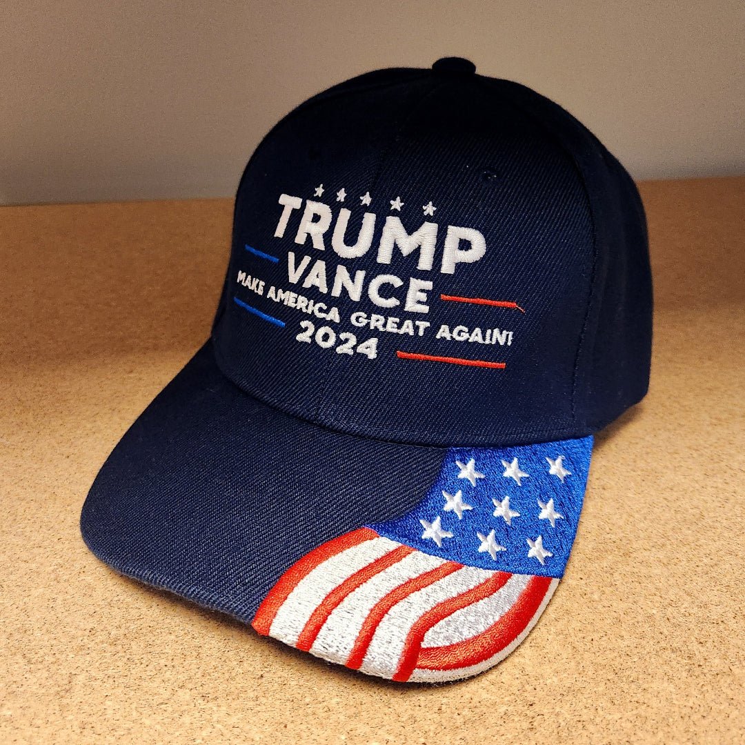 Trump Vance 2024 Make America Great Again Embroidered Hat w/Flag Bill (Navy) - PatriotDepot.com