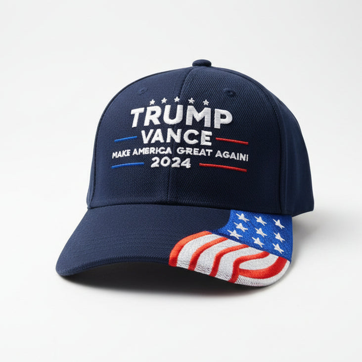 Trump Vance 2024 Make America Great Again Embroidered Hat w/Flag Bill (Navy) - PatriotDepot.com