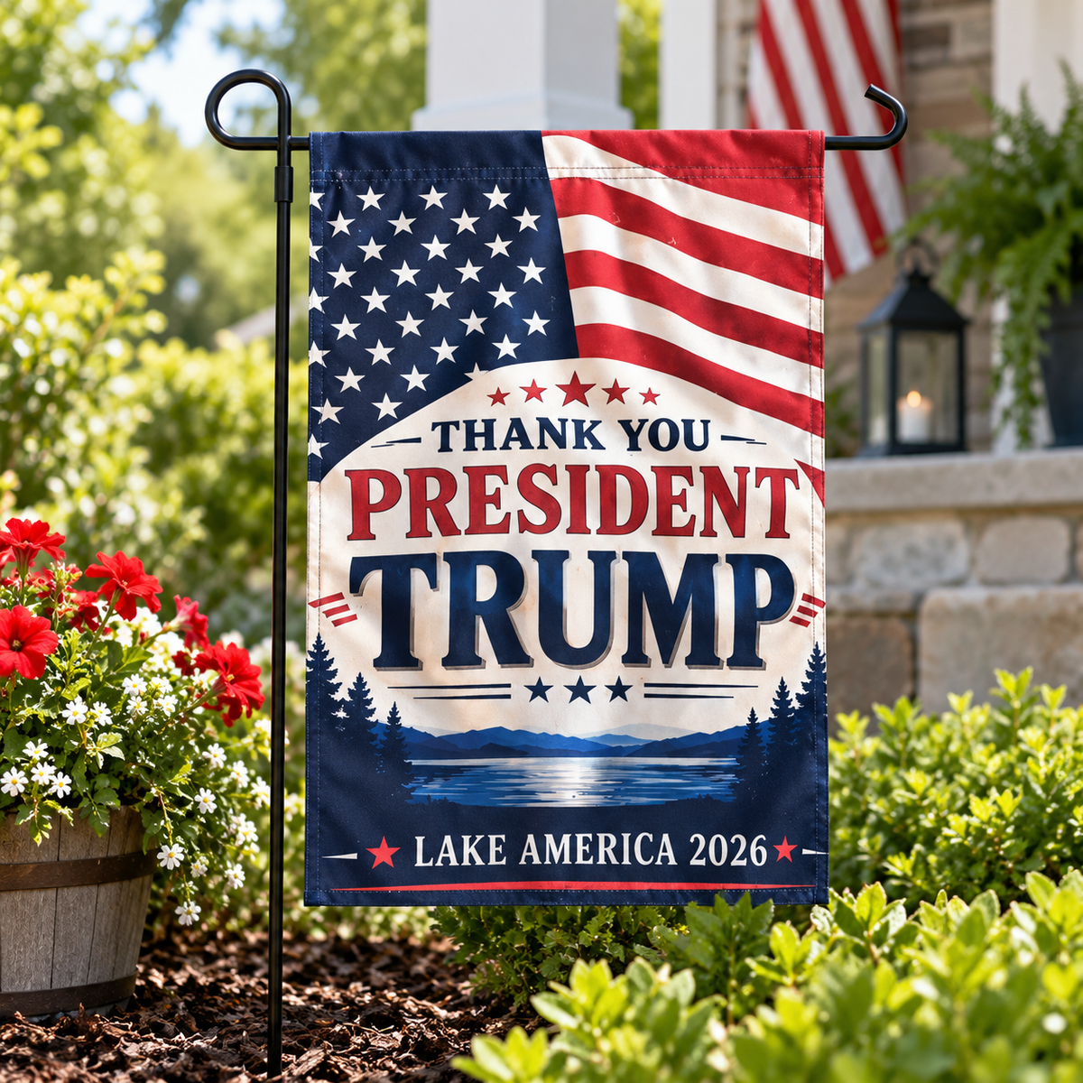Thank You President Trump – Lake America 2026 Patriotic Garden Flag – 12″ × 18″