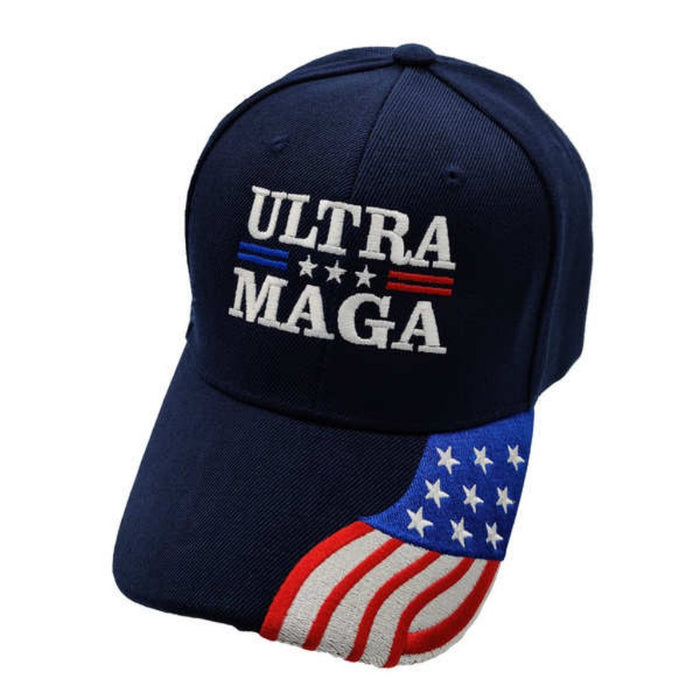 Ultra MAGA Premium Embroidered Hat w/Flag Bill (Navy)