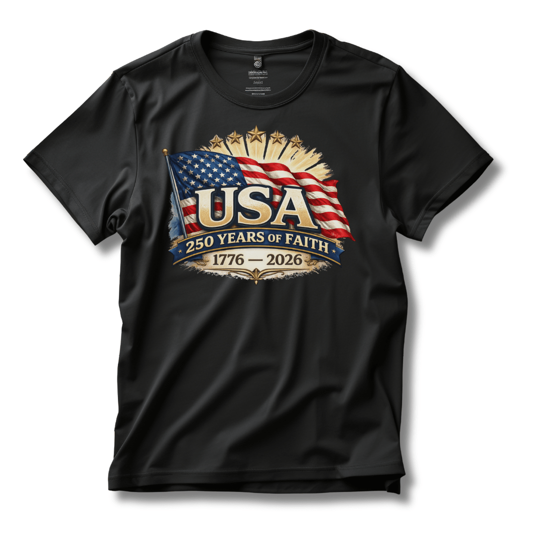 USA 250 Years of Faith 1776–2026 Patriotic T-Shirt - PatriotDepot.com