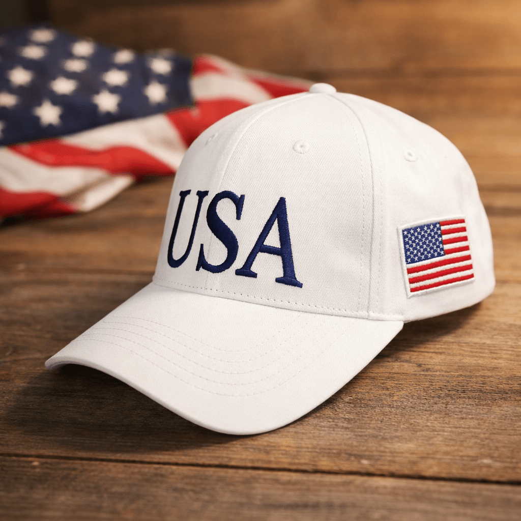 USA 45 - 47 100% Cotton Twill Embroidered Hat (White) - PatriotDepot.com