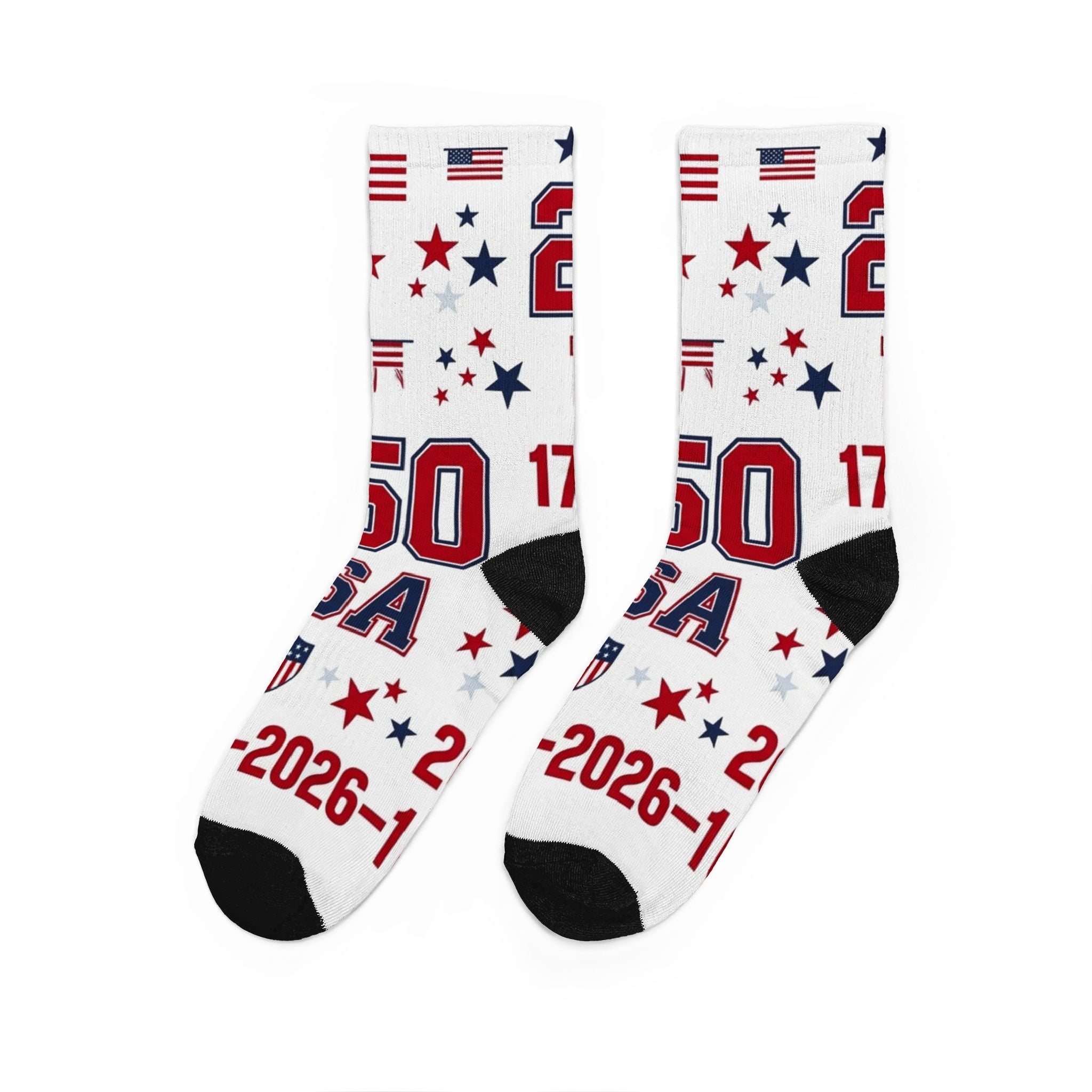 USA Patriotic Crew Socks — 1776, 2026 Anniversary Stars & Flag Design - PatriotDepot.com