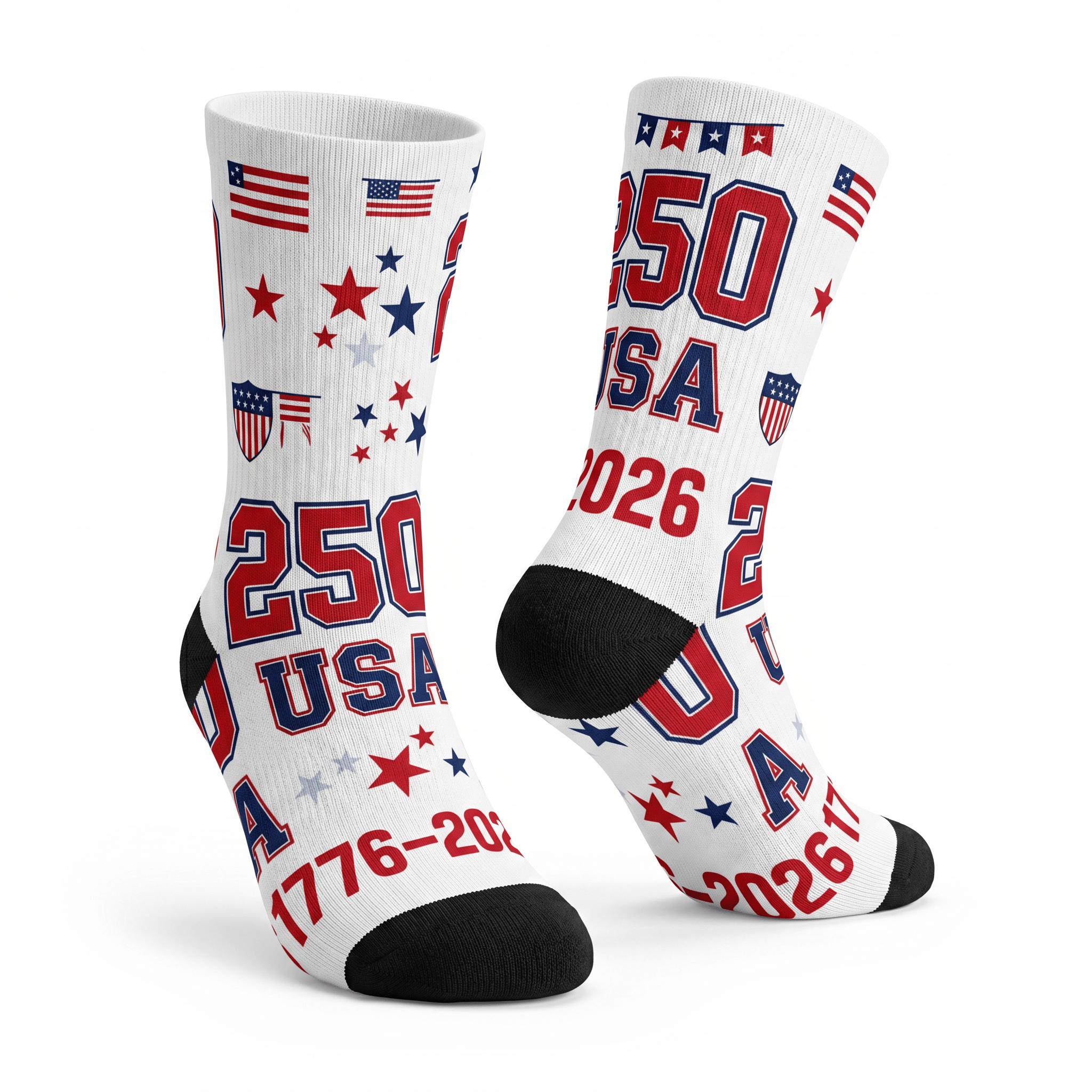 USA Patriotic Crew Socks — 1776, 2026 Anniversary Stars & Flag Design - PatriotDepot.com