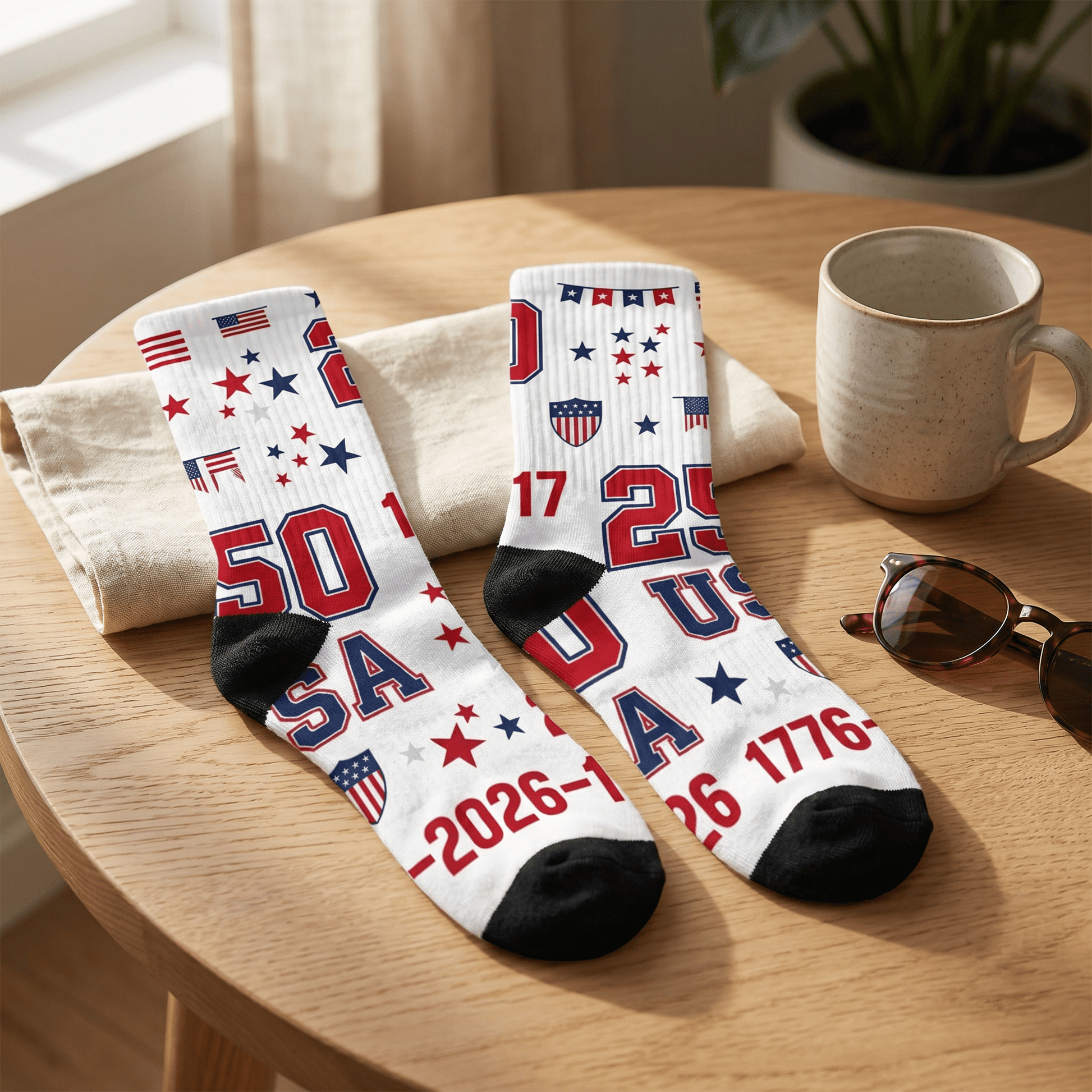 USA Patriotic Crew Socks — 1776, 2026 Anniversary Stars & Flag Design - PatriotDepot.com