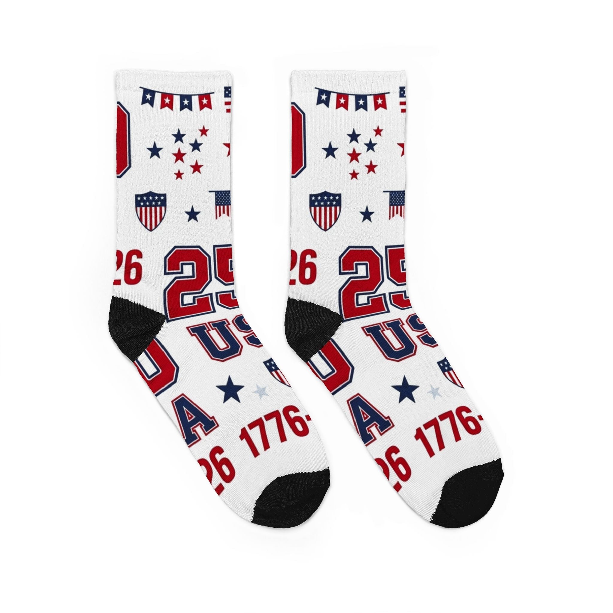 USA Patriotic Crew Socks — 1776, 2026 Anniversary Stars & Flag Design - PatriotDepot.com