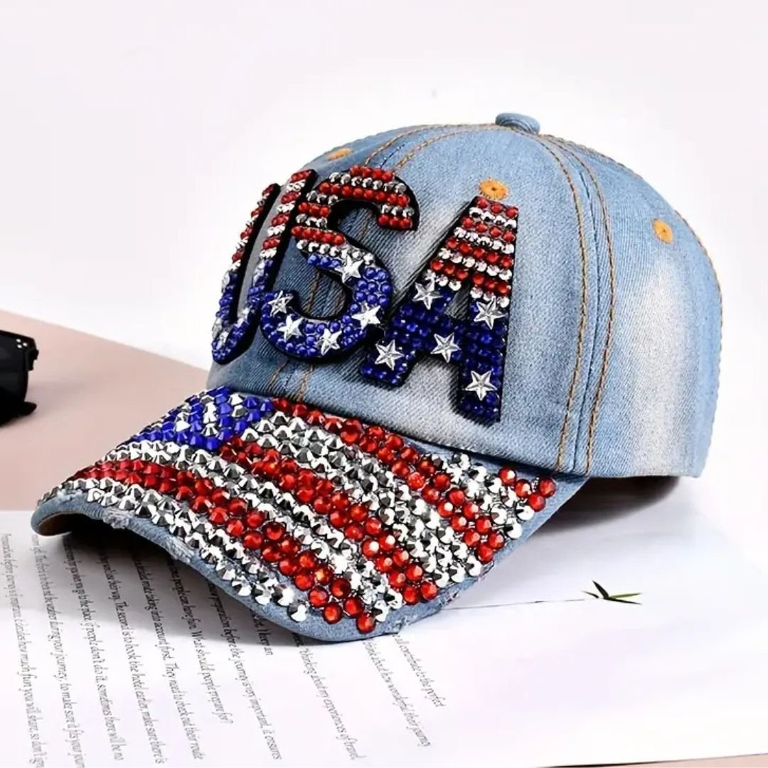 USA Rhinestone Embroidered Hat (Denim USA w/ Flag Bill) - PatriotDepot.com