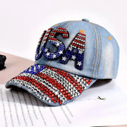 USA Rhinestone Embroidered Hat (Denim USA w/ Flag Bill) - PatriotDepot.com