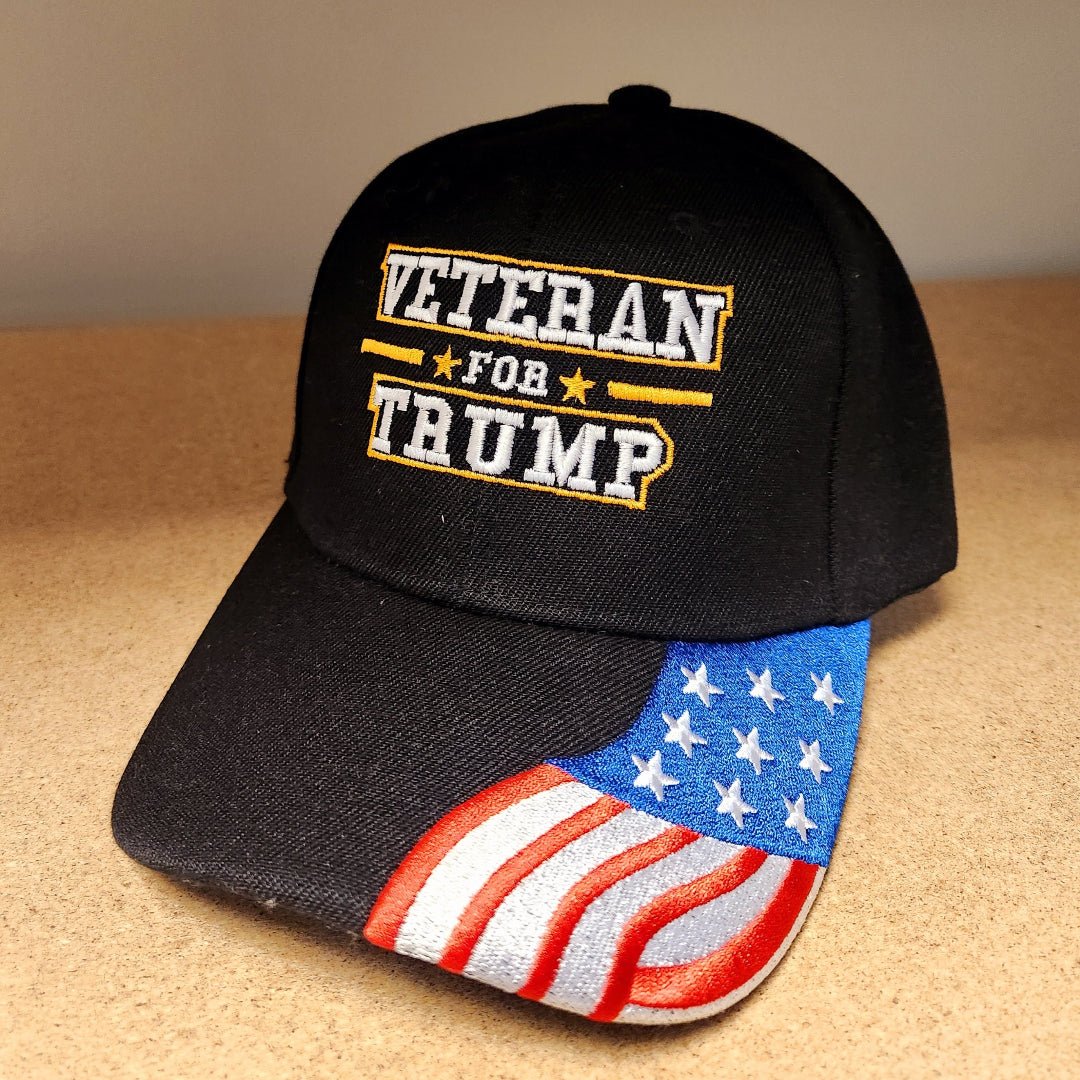 Veteran for Trump Custom Embroidered w/flag bill (Black) - PatriotDepot.com