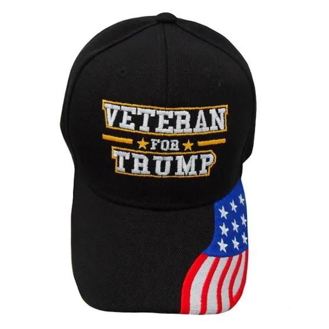 Veteran for Trump Custom Embroidered w/flag bill (Black) - PatriotDepot.com