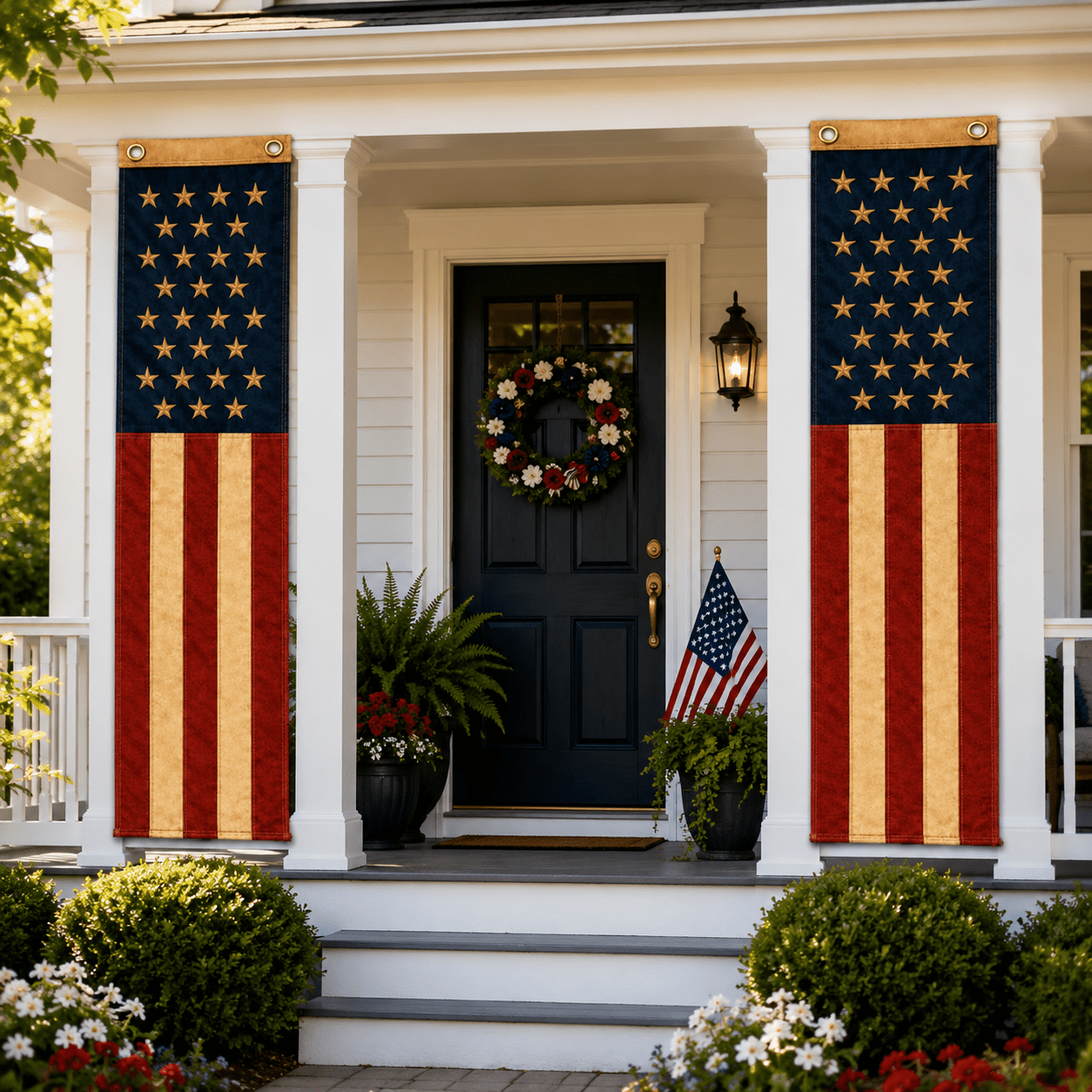 Vintage American Flag Pull Down Banners – Tea - Stained Pair | 12" x 80" - PatriotDepot.com