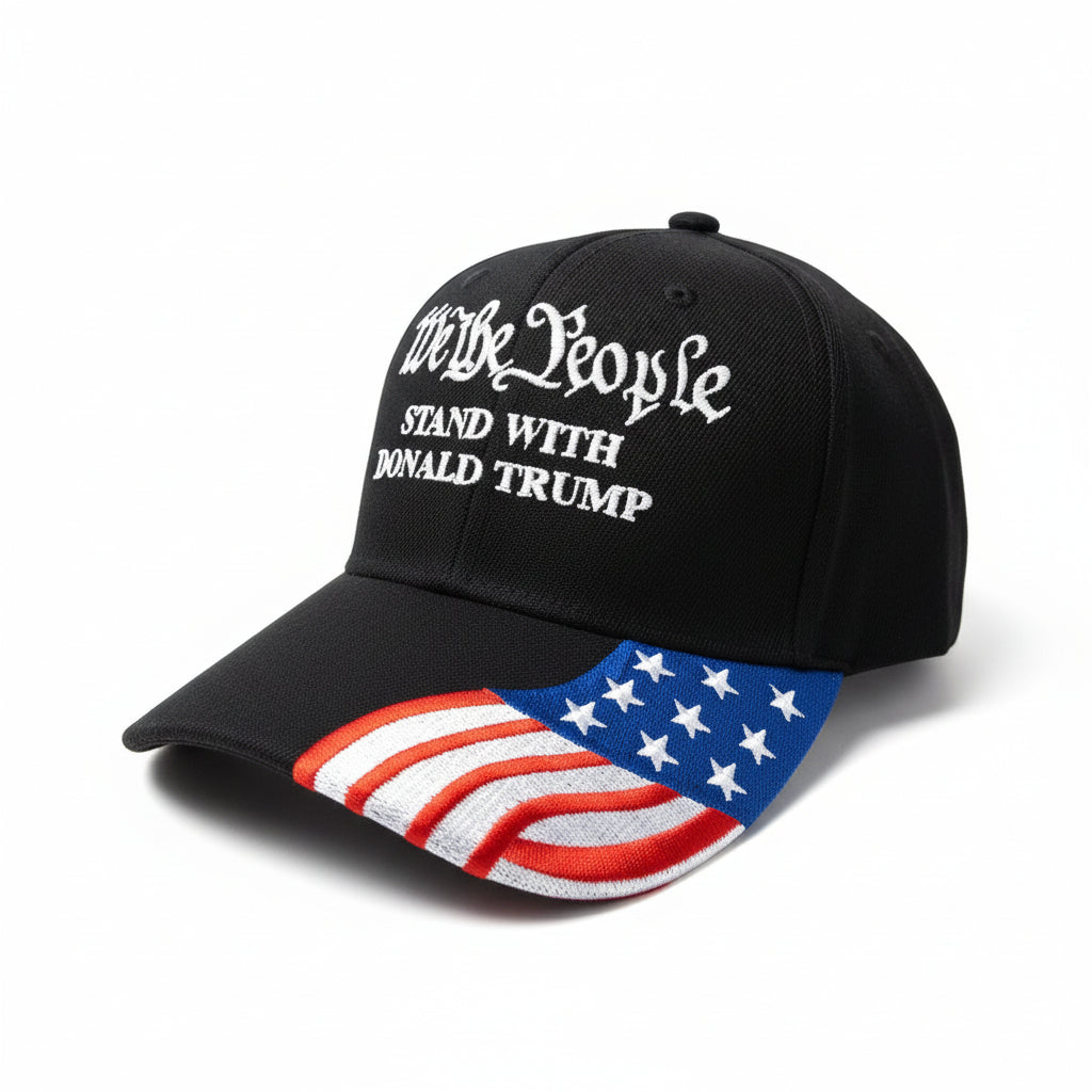 We the People Stand with Trump (w/flag bill) Embroidered Hat (Black) - PatriotDepot.com