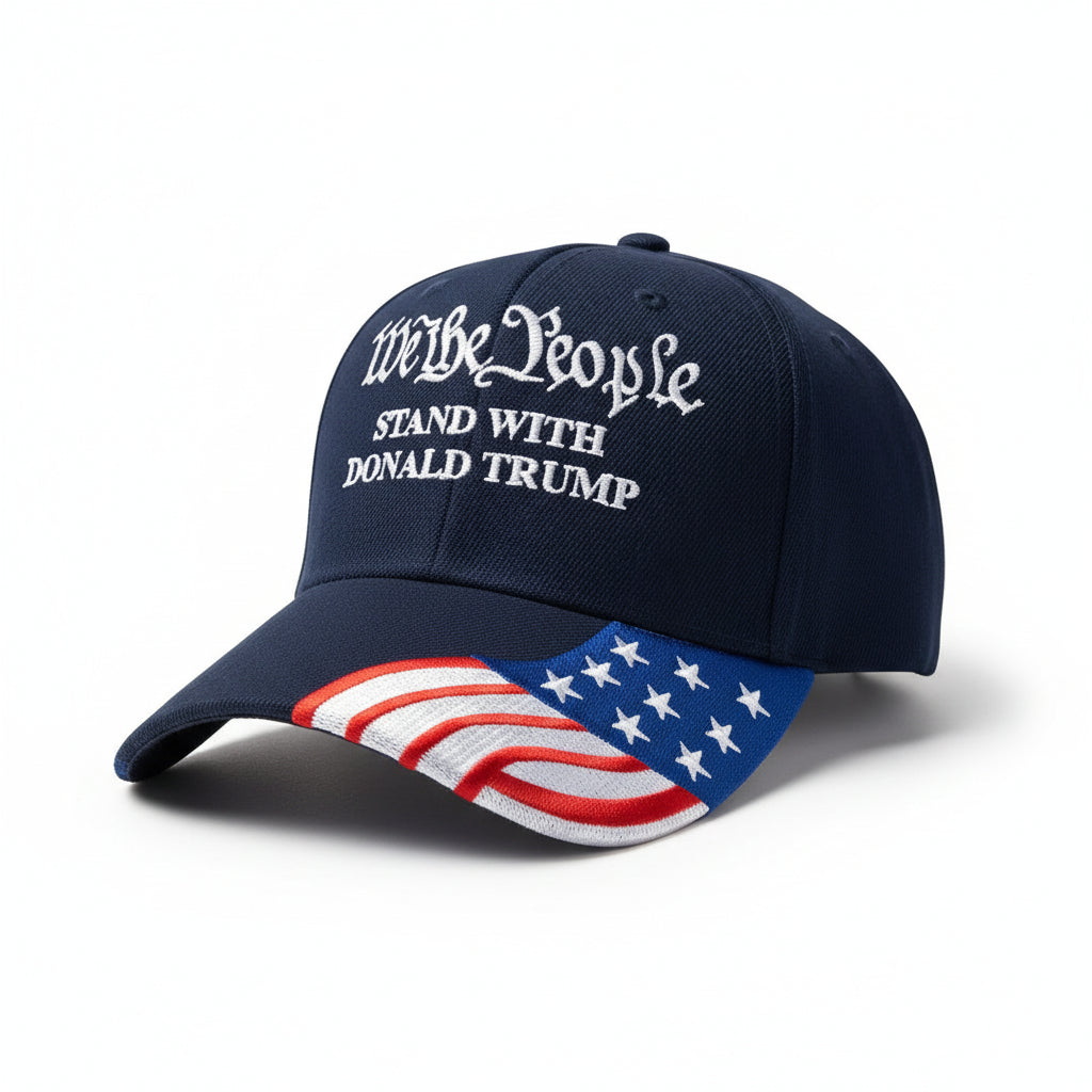 We the People Stand with Trump (w/flag bill) Embroidered Hat (Navy) - PatriotDepot.com