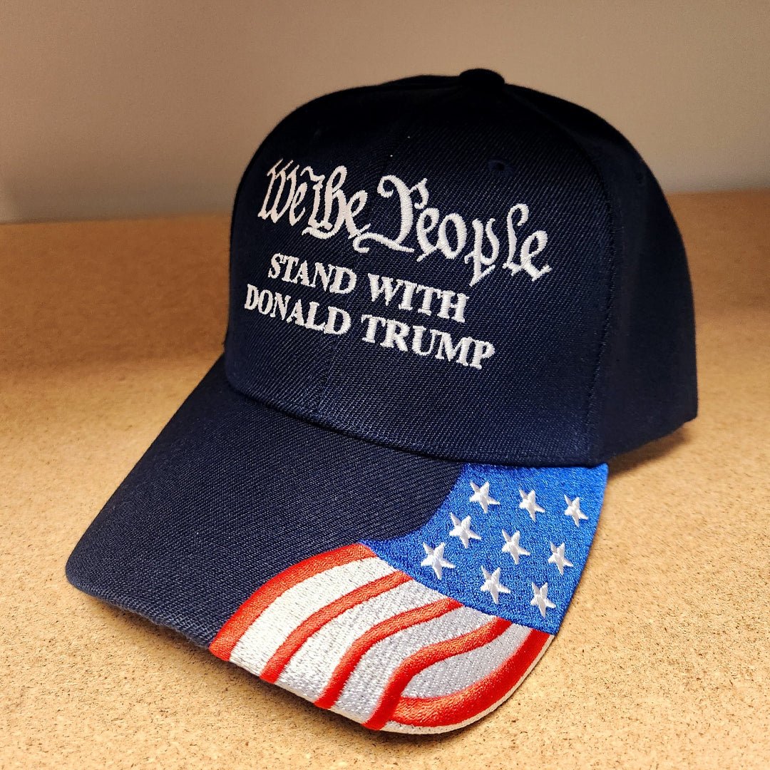 We the People Stand with Trump (w/flag bill) Embroidered Hat (Navy) - PatriotDepot.com