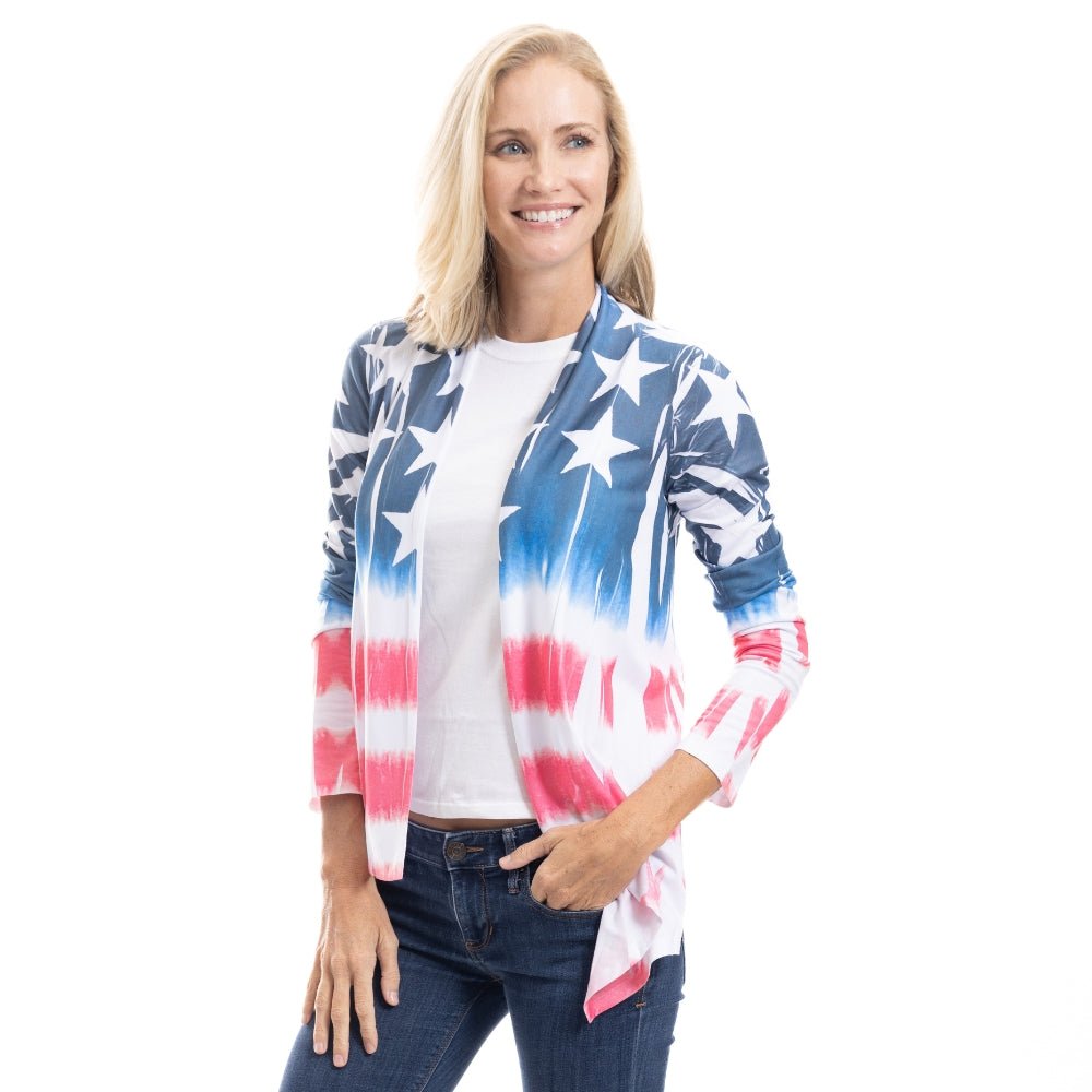 Women's Patriotic Stars and Stripes Cardigan - Made in USA Tie - Dye Jacket - PatriotDepot.com