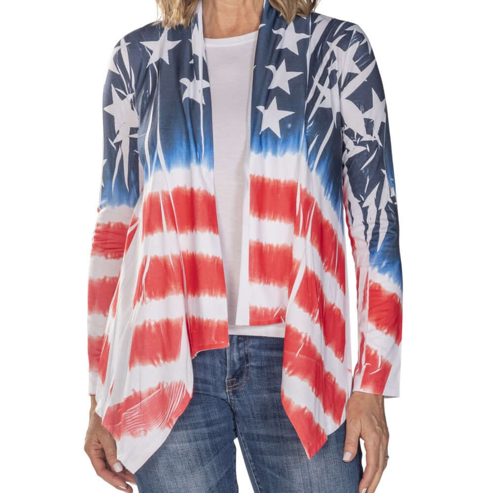 Women's Patriotic Stars and Stripes Cardigan - Made in USA Tie - Dye Jacket - PatriotDepot.com