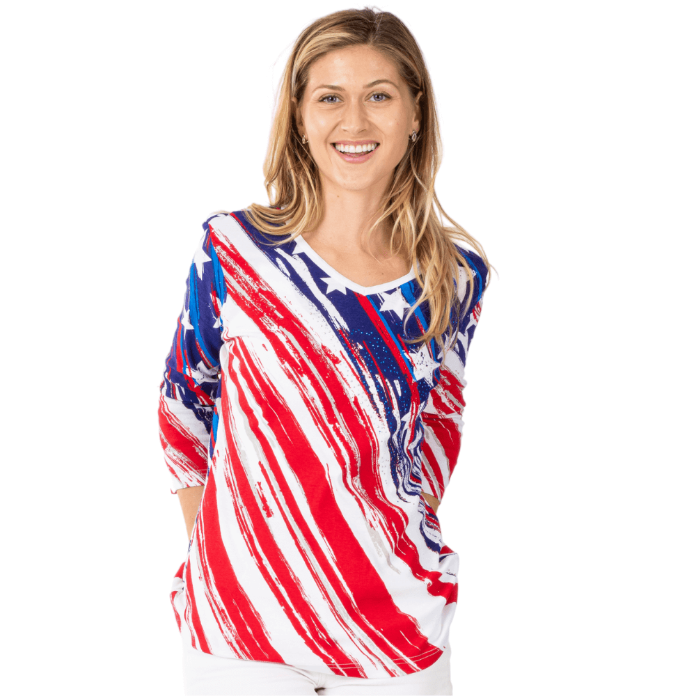 Women's Stars and Stripes American Flag 3/4 Sleeve Top (100% Cotton) - PatriotDepot.com