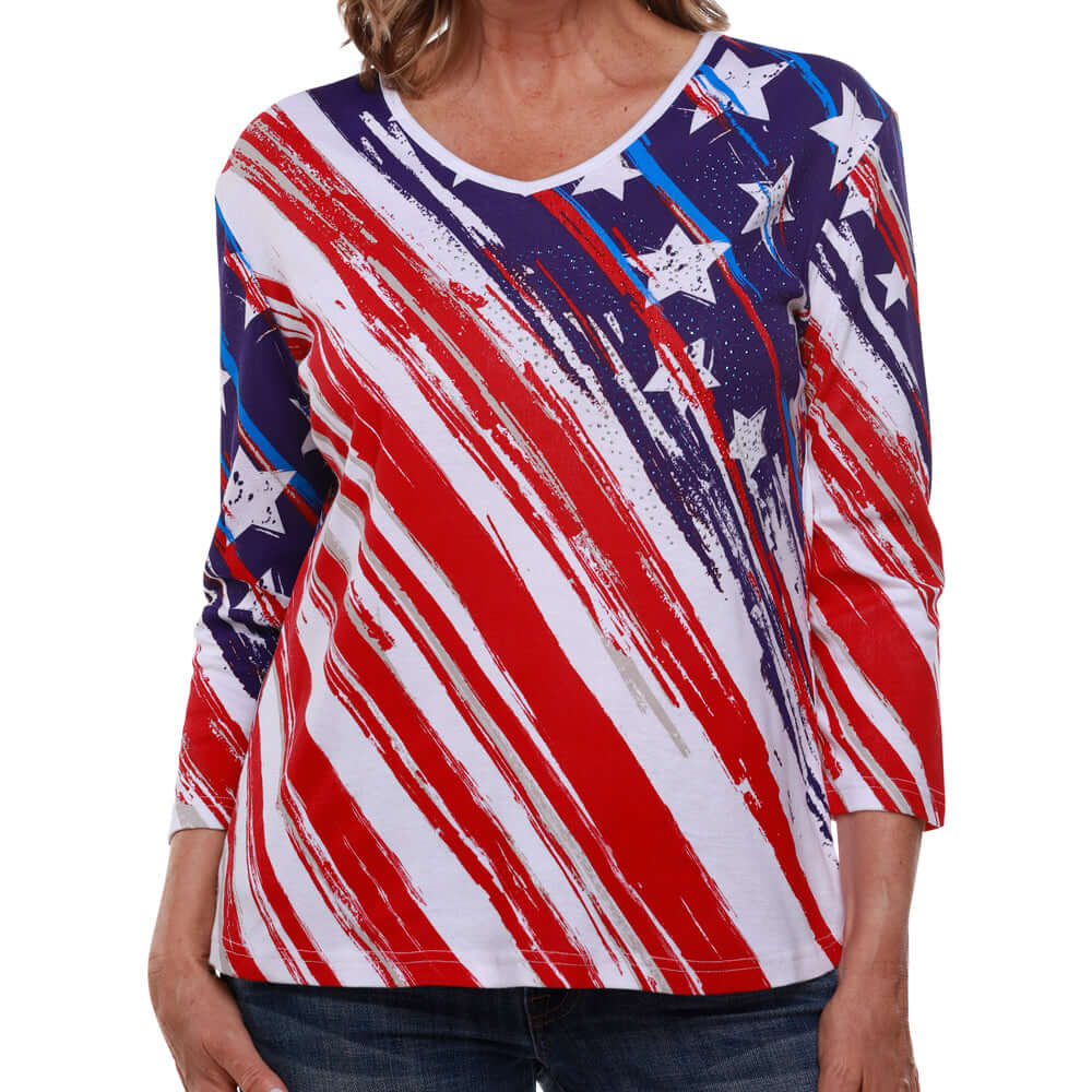 Women's Stars and Stripes American Flag 3/4 Sleeve Top (100% Cotton) - PatriotDepot.com
