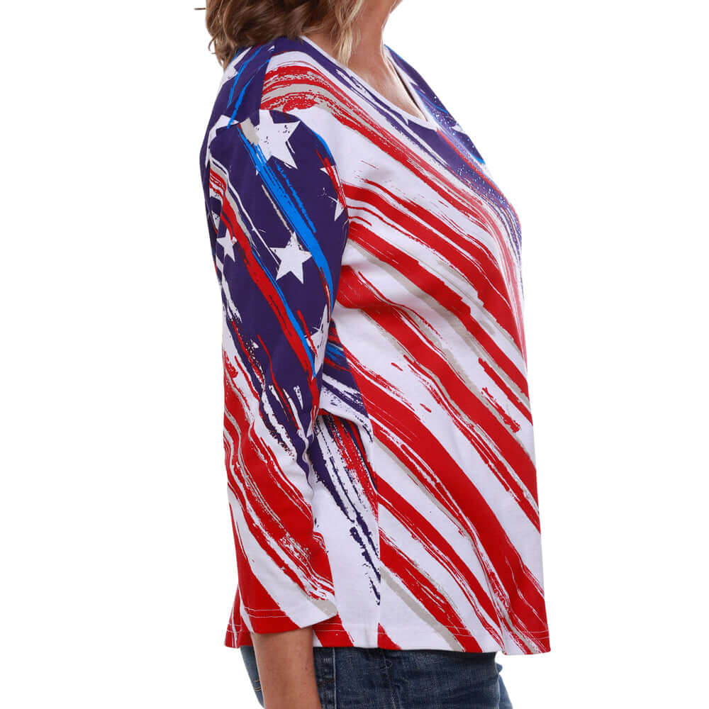 Women's Stars and Stripes American Flag 3/4 Sleeve Top (100% Cotton) - PatriotDepot.com