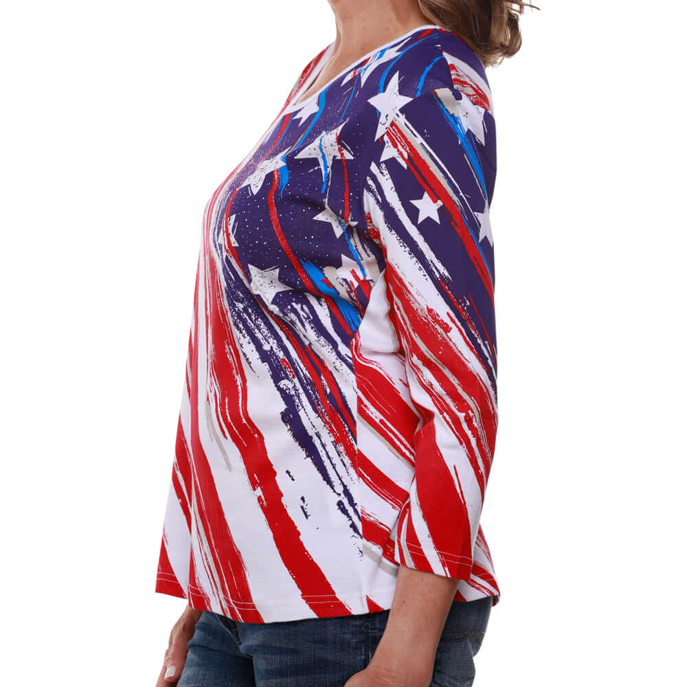 Women's Stars and Stripes American Flag 3/4 Sleeve Top (100% Cotton) - PatriotDepot.com