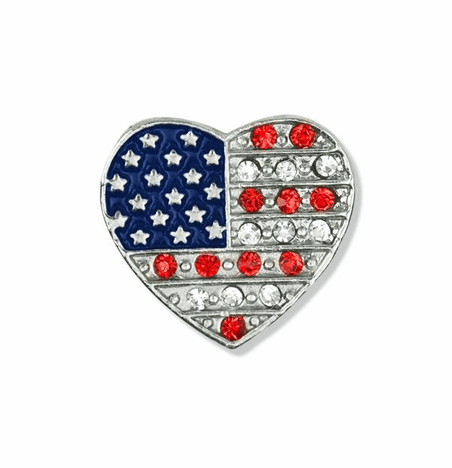 Silver Heart with Glass Crystal Stones American Flag Lapel Pin