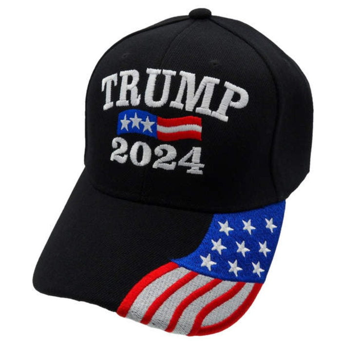 Trump 2024 Custom Embroidered Hat w/flag bill (Black)