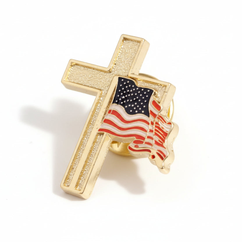 American Flag with Gold Cross Enamel Lapel Pin - PatriotDepot.com