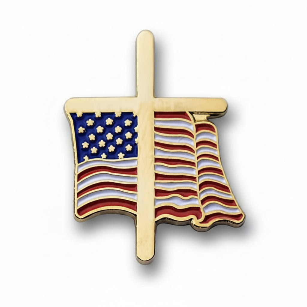 Cross and Waving Flag Enamel Pin - PatriotDepot.com