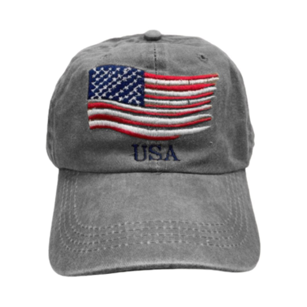 Custom Embroidered USA American Waving Flag Hat (Grey) - PatriotDepot.com