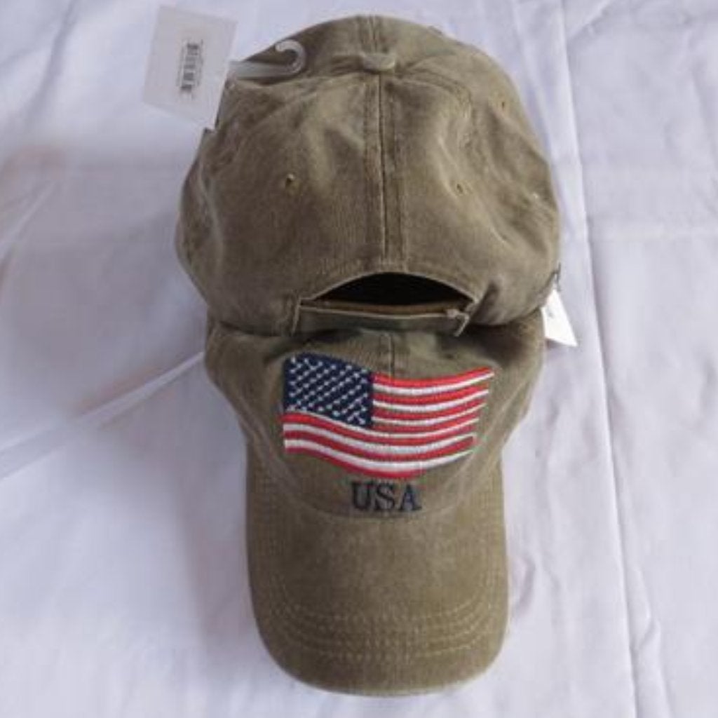 Custom Embroidered USA American Waving Flag Hat (Khaki) - PatriotDepot.com