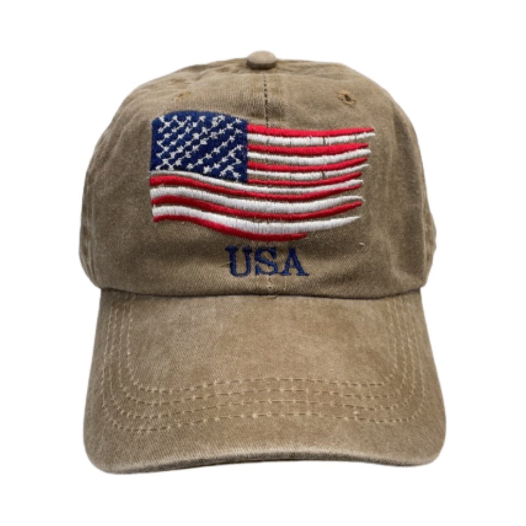 Custom Embroidered USA American Waving Flag Hat (Khaki) - PatriotDepot.com