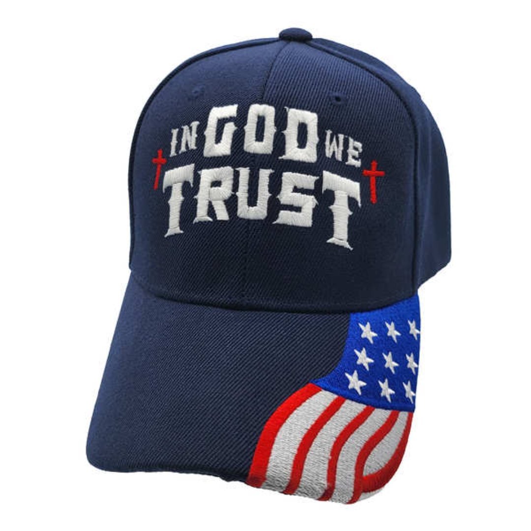 In God We Trust Patriotic Stars Embroidered Hat w/ flag bill (Navy) - PatriotDepot.com