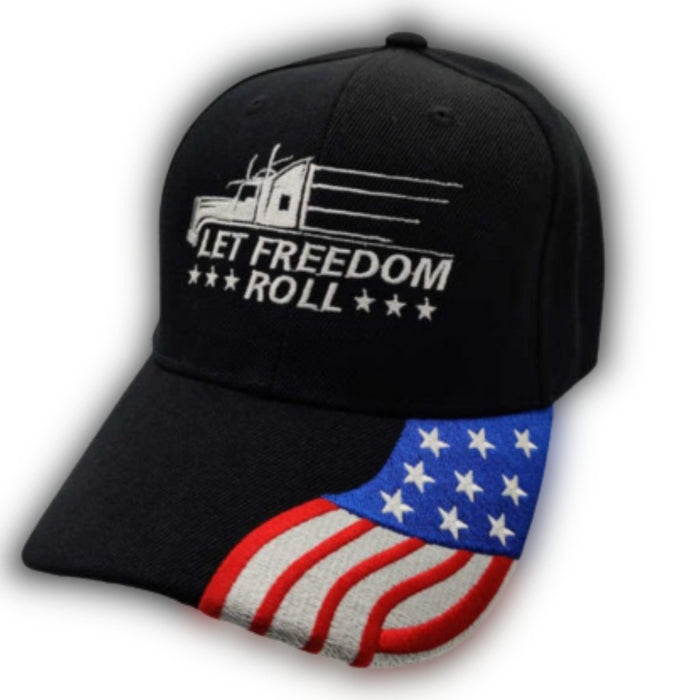 Let Freedom Roll Custom Embroidered Hat w/ Flag Bill (Black)