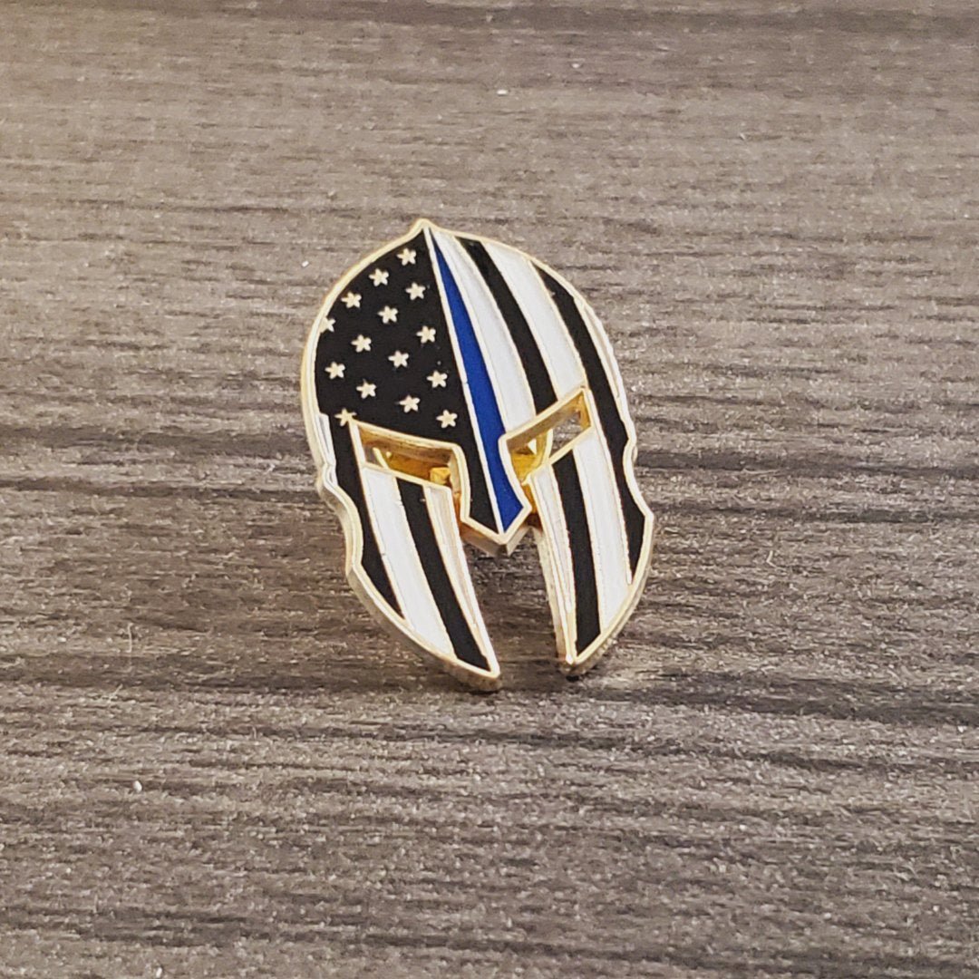 Molon Labe Crusader Thin Blue Line Helmet Pin (Gold Plated) - PatriotDepot.com