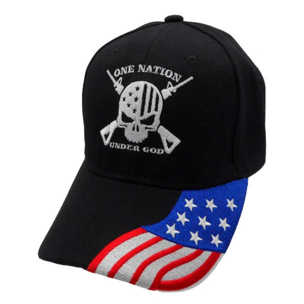 One Nation Under God Skull Custom Embroidered Hat w/ Flag Bill - PatriotDepot.com