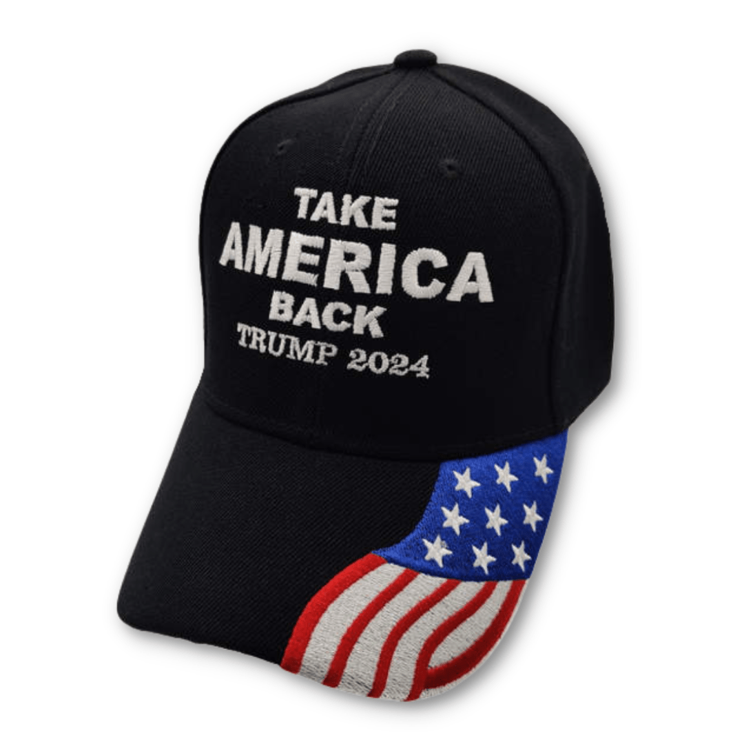 Take America Back Trump 2024 Hat w/ Flag Bill (Black) - PatriotDepot.com