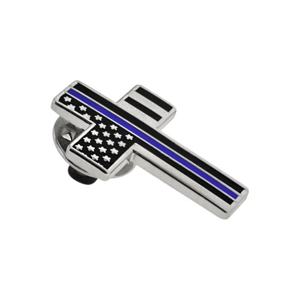 Thin Blue Line Cross Lapel Pin - PatriotDepot.com