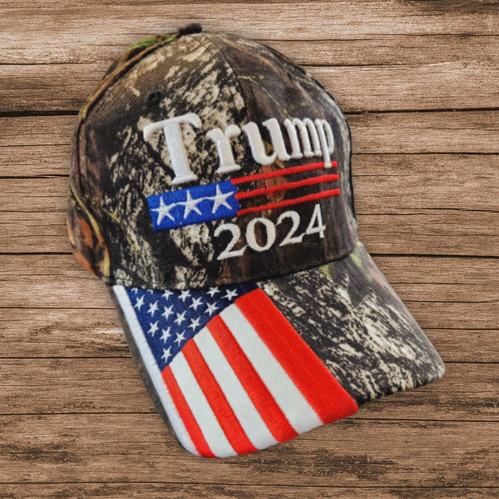 Trump 2024 Hunting Camo Hat w/ Flag Bill (Custom Embroidered)