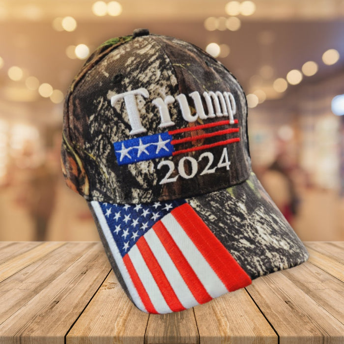 Trump 2024 Hunting Camo Hat w/ Flag Bill (Custom Embroidered)